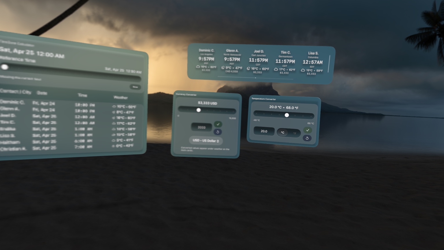 Submerged World Clock with multiple spatial panels for time, weather, currency, and temperature conversion.