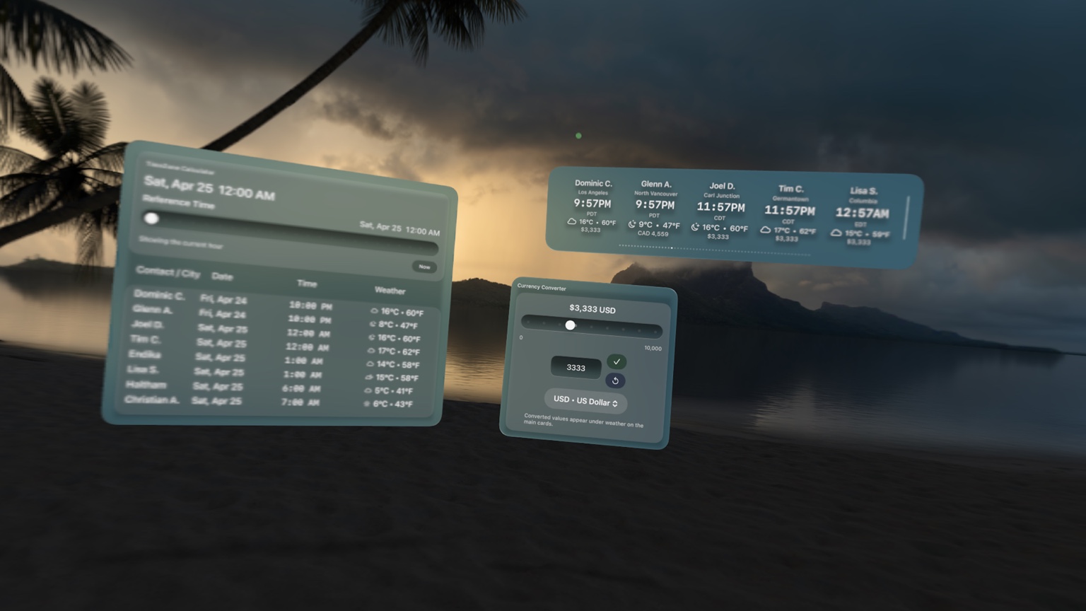 Submerged World Clock showing main time cards and currency conversion panels.